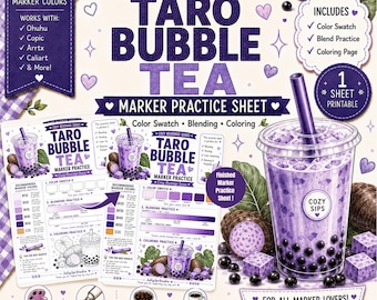 Taro Bubble Tea Marker Practice Sheet Alcohol Marker Coloring Page Color Swatch Blending Worksheet Cafe Coloring PDF A4 US Letter