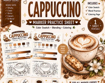 Cappuccino Marker Practice Sheet Alcohol Marker Coloring Page Color Swatch Blending Worksheet Cafe Coloring PDF A4 US Letter