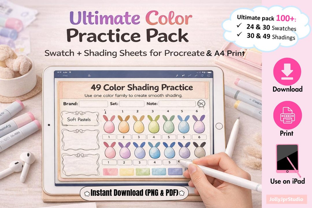 Color Swatch Shading Practice Sheets, Bunny Coloring Pages, Procreate ...