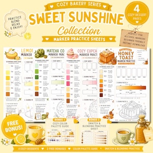 May include: A marker practice sheet set with a "Sweet Sunshine Collection" theme. The design features dessert illustrations, color swatches, and blending practice areas. Includes bonus color palette and swatch guides. The text reads "Perfect for alcohol markers, beginner friendly, instant download."