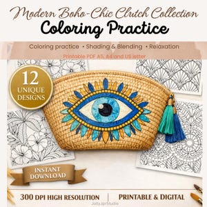 May include: Digital colouring book with a boho-chic theme. The cover shows a woven clutch with a blue and gold eye design. Text reads "Coloring Practice" and "Instant Download". Includes 12 unique designs for shading and blending, printable in A5, A4 and US letter.