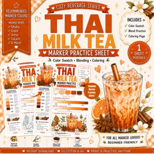 Pode incluir: Uma folha de prática de marcadores intitulada Thai Milk Tea com seções para amostras de cores, prática de mistura e uma página para colorir. O design inclui ilustrações de chá gelado com fatias de laranja, anis estrelado e paus de canela.