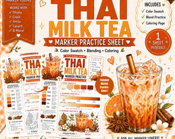Thai Milk Tea Marker Practice Sheet Alcohol Marker Coloring Page Color Swatch Blending Worksheet Cafe Coloring PDF A4 US Letter