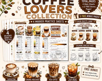 Coffee Marker Practice Sheets Bundle Cappuccino Caramel Macchiato Iced Coffee Cold Brew Yuzu Coffee Color Swatch Blending Worksheet PDF