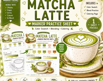 Matcha Latte Marker Practice Sheet Alcohol Marker Coloring Page Color Swatch Blending Worksheet Cafe Coloring PDF A4 US Letter