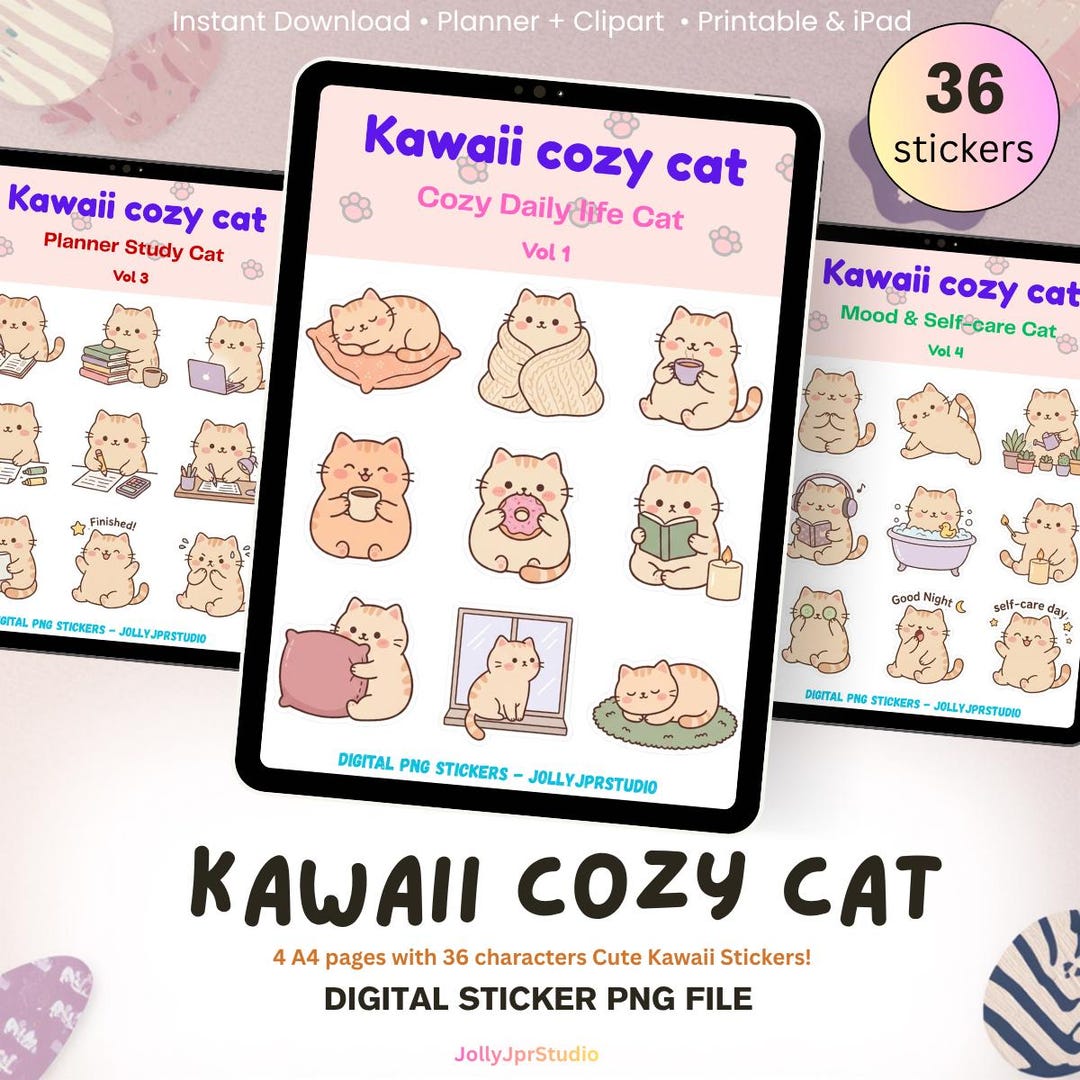 Kawaii Cozy Cat Digital Stickers | Daily Life Illustrations | iPad ...
