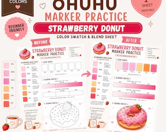 Cozy Bakery Marker Practice Sheet Strawberry Donut Coloring page Ohuhu Color Swatch & Blending Worksheet Adult Coloring Printable PDF