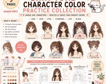 Color Practice Collection Kawaii Girls Skin Tone Hair Eye Lip Blush Coloring Worksheet Anime Art Ohuhu Copic Marker Printable PDF US letter
