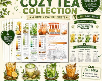 Marker Practice Sheet Bundle Lemon Tea Matcha Latte Mint Tea Thai Milk Tea Color Swatch Blending Worksheet PDF
