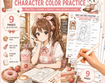 Sweet Cafe Girls Character Color Practice Marker Workbook Kawaii Anime Girl Coloring PDF Alcohol Marker Color Palette US Letter