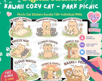 25 Kawaii Cozy Cat Stickers Bundle | Cute Digital Planner Stickers | GoodNotes Sticker Pack | Planner Transparent PNG | Picnic Cat Clipart