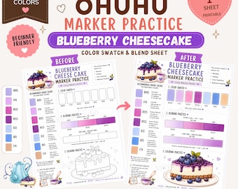 Cozy Bakery Marker Practice Sheet Blueberry Cheesecake Coloring page Ohuhu Color Swatch & Blending Worksheet Adult Coloring Printable PDF