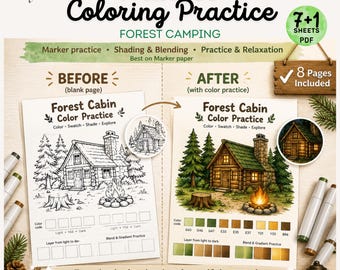 Forest Camping Marker Practice Sheet Bundle Woodland Coloring Page Color Swatch Blending Worksheet Summer and Camping Activity PDF Download