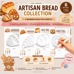 May include: A digital collection of 6 PDF files featuring artisan bread coloring practice sheets. The set includes line art illustrations of sourdough, croissants, milk bread, and pretzels, along with color palettes and blending practice sections.