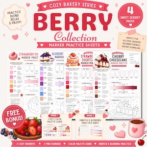 May include: A colorful marker practice sheet set with a berry theme. The design includes illustrations of desserts, color swatches, and the text "Berry Collection Marker Practice Sheets." The set includes bonus color palette guides and swatch sheets.