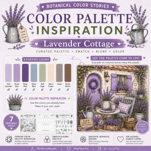 Può includere: Una guida digitale alla tavolozza dei colori intitolata Botanical Color Stories Lavender Cottage con otto campioni di colore tra cui lavanda tenue, lilla polveroso, prugna intenso, blu nebbia, salvia tenue, crema caldo, tortora e marrone rustico.