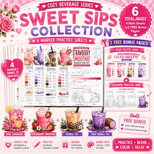 Peut inclure: Une collection de feuilles d'entraînement au marqueur intitulée Sweet Sips Collection comprenant quatre pages sur le thème des boissons et deux pages bonus. L'ensemble inclut des guides de palettes de couleurs et des exercices de coloriage.