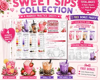 Sweet Sips Marker Practice Sheets Rose Lemonade Bubble Tea Coloring Page Color Swatch Blending Worksheet Alcohol Marker PDF