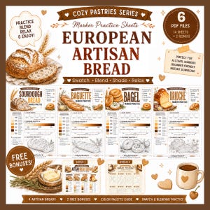 Cozy Bakery European Artisan Bread Marker Practice Worksheets Alcohol Marker Coloring Pages Color Swatch and Blend worksheets Printable PDF