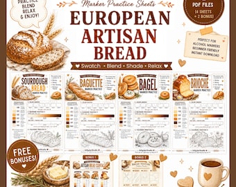 European Artisan Bread Marker Practice Sheets Alcohol Marker Coloring Pages Sourdough Baguette Bagel Brioche PDF A4 US Letter