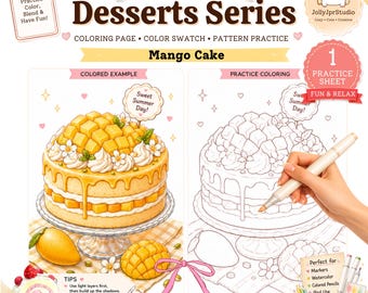 Disegni da colorare di una torta al mango in una pasticceria accogliente / Pagina da colorare digitale stampabile / Pennarello a base alcolica, Ohuhu, Copic, acquerello e Procreate / PDF