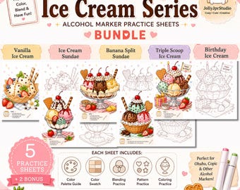 Marker Practice Sheet Bundle Cozy Summer Ice Cream Coloring Dessert Coloring page Color Swatch Pattern Practice Alcohol Marker Printable PDF