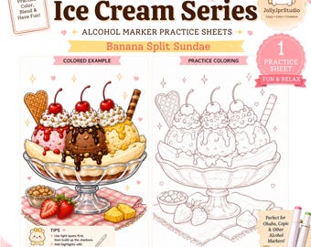 Hoja de práctica con marcadores: Helado para colorear, Verano para colorear, Página para colorear de postres, Muestra de color, Patrón, Práctica con marcadores de alcohol, PDF imprimible