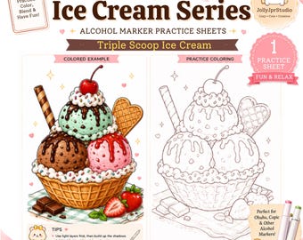 Hoja de práctica con marcadores: Helado para colorear, Verano para colorear, Página para colorear de postres, Muestra de color, Patrón, Práctica con marcadores de alcohol, PDF imprimible