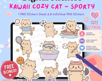 Kawaii Cat Stickers PNG | Pre-Cropped GoodNotes Stickers | Fitness Digital Stickers for iPad | Notability Planner Stickers | 9 Cute Cat PNGs