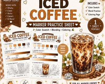 Iced Coffee Marker Practice Sheet Alcohol Marker Coloring Page Color Swatch Blending Worksheet Cafe Coloring PDF A4 US Letter