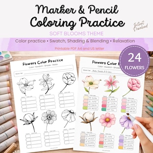 Op de afbeelding: Een printbaar Marker & Pencil Coloring Practice blad met Soft Blooms thema, met 24 bloemen voor kleur, staal, schaduw en blending oefeningen. Bevat secties voor merk, set, kleurstaal en kleurcode, beschikbaar in A4 en US letter formaat.