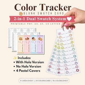 Può includere: Un sistema di schede per campioni di colore vuote Color Tracker con design doppio. Il set include opzioni PDF stampabili per A4, A5 e US Letter, con quattro copertine pastello, versioni con e senza fori e 96 spazi per i colori.