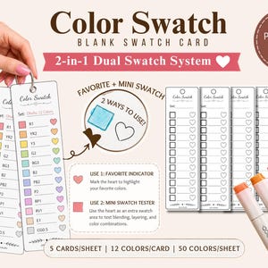 May include: Color swatch cards with a 2-in-1 dual swatch system. The cards have spaces for color swatches, hearts for favorite colors, and a mini swatch tester. The image also shows markers with pink, orange, and red tips.
