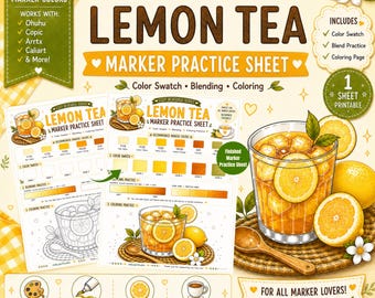 Lemon Tea Marker Practice Sheet Alcohol Marker Coloring Page Color Swatch Blending Worksheet Cafe Coloring PDF A4 US Letter