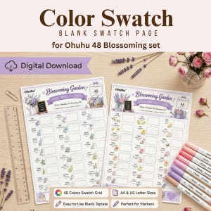 May include: Two white paper sheets with a color swatch grid for the Ohuhu 48 Blossoming set, featuring floral illustrations and labels. A clear plastic ruler with inch markings, several pastel markers, and lavender sprigs are arranged nearby.