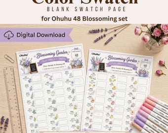 Ohuhu 48 Blossoming Color Swatch Chart Printable PDF A4 A5 US Letter Marker Color Tracker Alcohol Marker Color Palette Guide