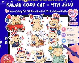 Kawaii Planner Clipart Bundle, 25 Cozy Cat Stickers, GoodNotes Scrapbook Stickers, 4th of July Stickers, USA Independence Day Stickers, PNG