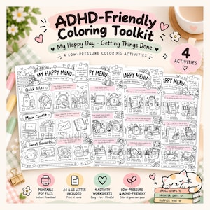 May include: A digital ADHD-Friendly Coloring Toolkit featuring four printable activity worksheets titled My Happy Menu. The black and white pages include illustrations of daily tasks, checkboxes, and motivational text for organizing routines.