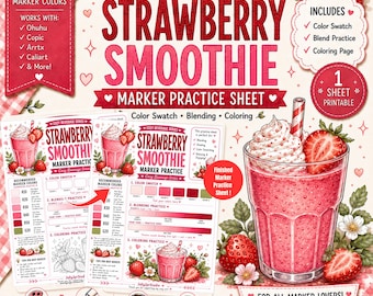 Strawberry Smoothie Marker Practice Sheet Alcohol Marker Coloring Page Color Swatch Blending Worksheet Cafe Coloring PDF A4 US Letter