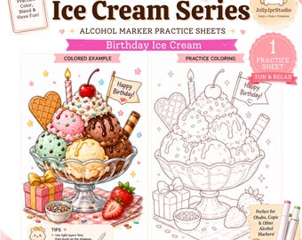 Hoja de práctica para marcadores de fiesta de cumpleaños. Página para colorear de helado y postre. Muestra de color. Patrón de práctica. Marcador de alcohol. PDF imprimible.