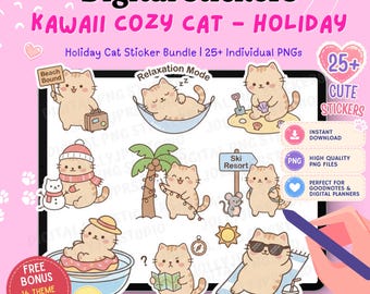 25 Kawaii Cat Stickers Bundle , Pre-Cropped GoodNotes Stickers, Digital Stickers for iPad, Notability Planner Stickers Vacation Cat Stickers