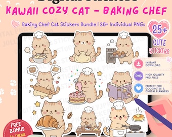 25 Kawaii Cat Stickers Bundle, Cute Cat PNG Stickers, Kawaii Bakery Cat Clipart, GoodNotes Digital Stickers, Planner PNG