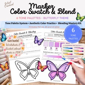 May include: Marker color swatch and blend printable PDF with a butterfly theme. Includes worksheets, color palettes, and blending practice. Features six tone palettes and aesthetic color practice. Available in A4, A5, and US letter sizes.