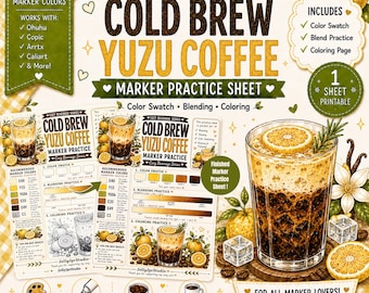 Yuzu Coffee Marker Practice Sheet Alcohol Marker Coloring Page Color Swatch Blending Worksheet Cafe coloring PDF A4 US Letter