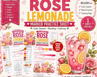Rose Lemonade Marker Practice Sheet Alcohol Marker Coloring Page Color Swatch Blending Worksheet Cafe Coloring PDF A4 US Letter