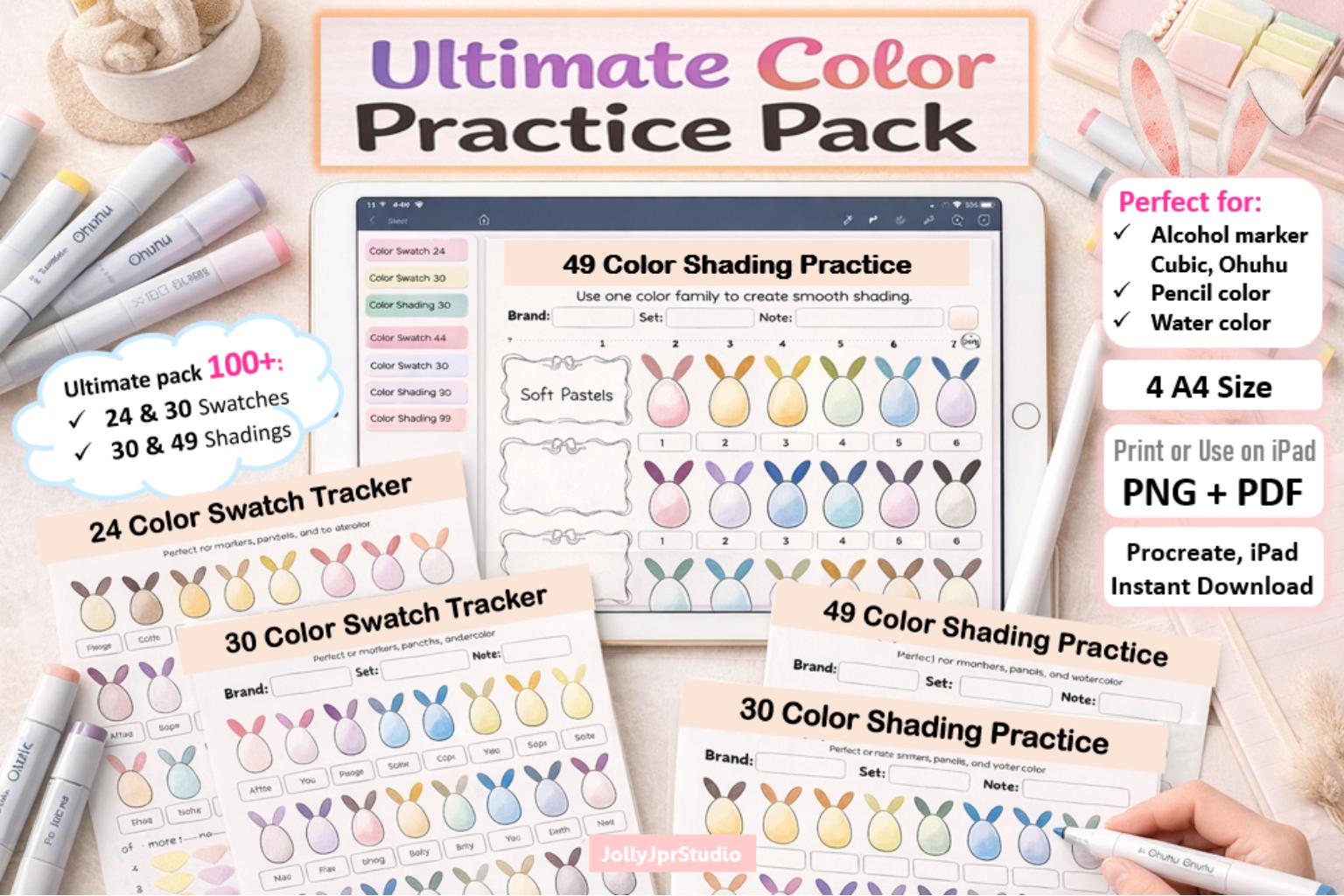 Color Swatch Shading Practice Sheets, Bunny Coloring Pages, Procreate ...