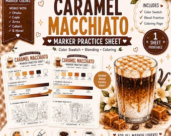 Caramel Macchiato Marker Practice Sheet Alcohol Marker Coloring Page Color Swatch Blending Worksheet Cafe Coloring PDF A4 US Letter