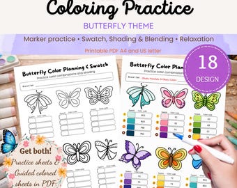 Cuaderno de trabajo para muestras y mezclas de colores de mariposas / Hojas de práctica con marcadores de alcohol precoloreados / Sistema de paleta de tonos / Páginas para colorear / PDF imprimible