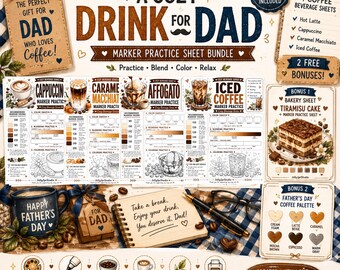 A Cozy Drink for Dad Bundle Marker Practice Sheets Father's Day Coffee Coloring Pages Color Swatch & Blending Worksheets Printable PDF