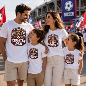 May include: A family of four wearing white t-shirts with a Croatia 2026 design. The design features a lion, the Croatian flag colors, and a soccer ball. The family is standing in front of a stadium.